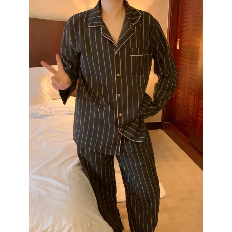 Sanding Striped Couple Sleepwear Autumn Winter Pajama Set Long Sleeve Pants Sleepwear Home Suit Comfortable Women Pyjamas