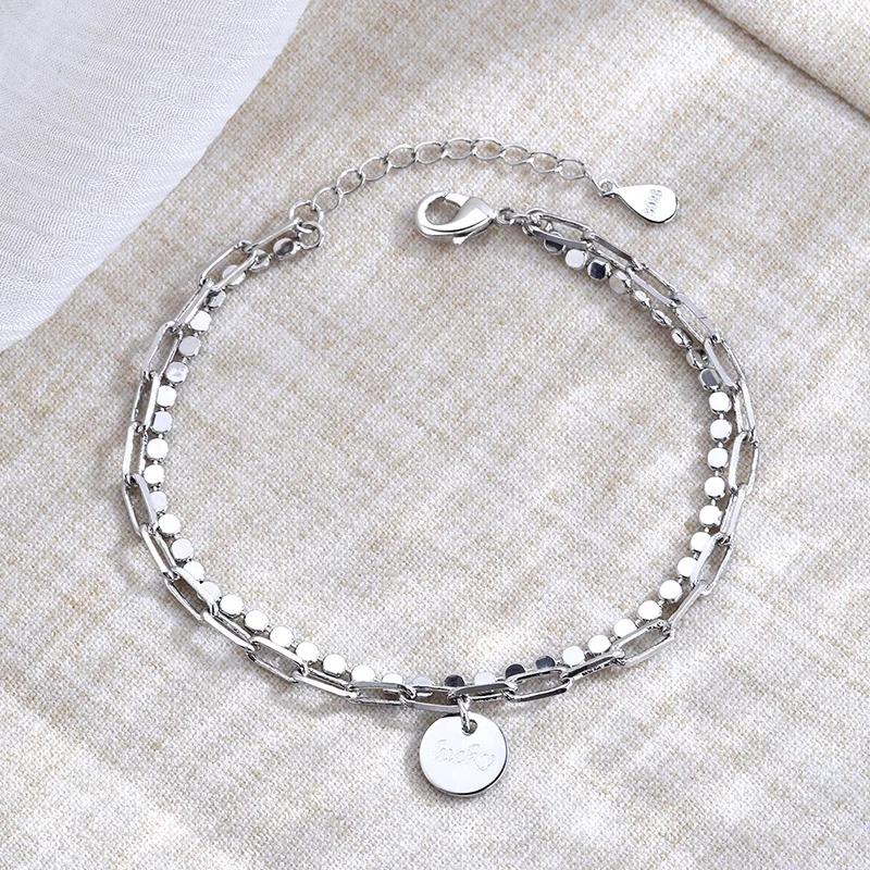

925 Sterling Silver Lucky Round Brand Bracelets for Women Simple Double-layer Chain Bracelet Fashion Jewelry Gifts