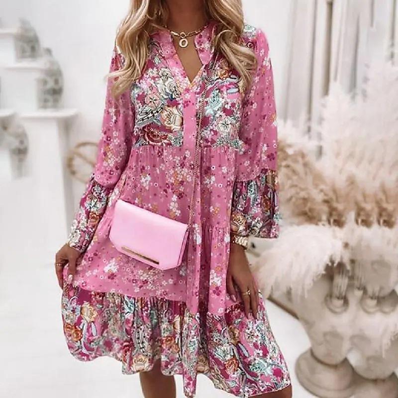 Women S Summer Floral Print Mini Dress Flared Sleeve