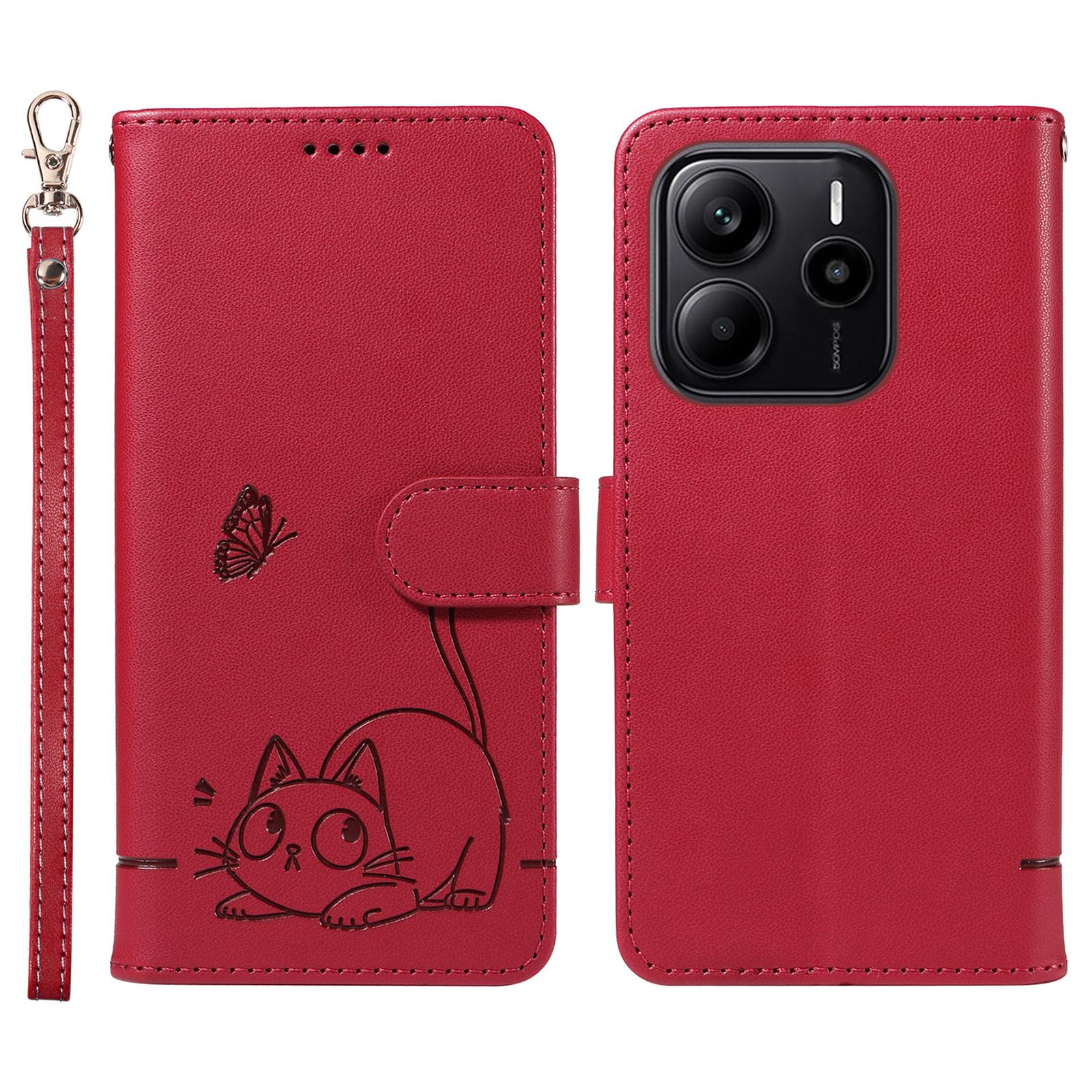 

Для Xiaomi Redmi Note 14 4G (164,84 мм) Чохол-гаманець з ремінцем на зап ястя, тиснення у вигляді кота, шкіряний чохол для телефону E