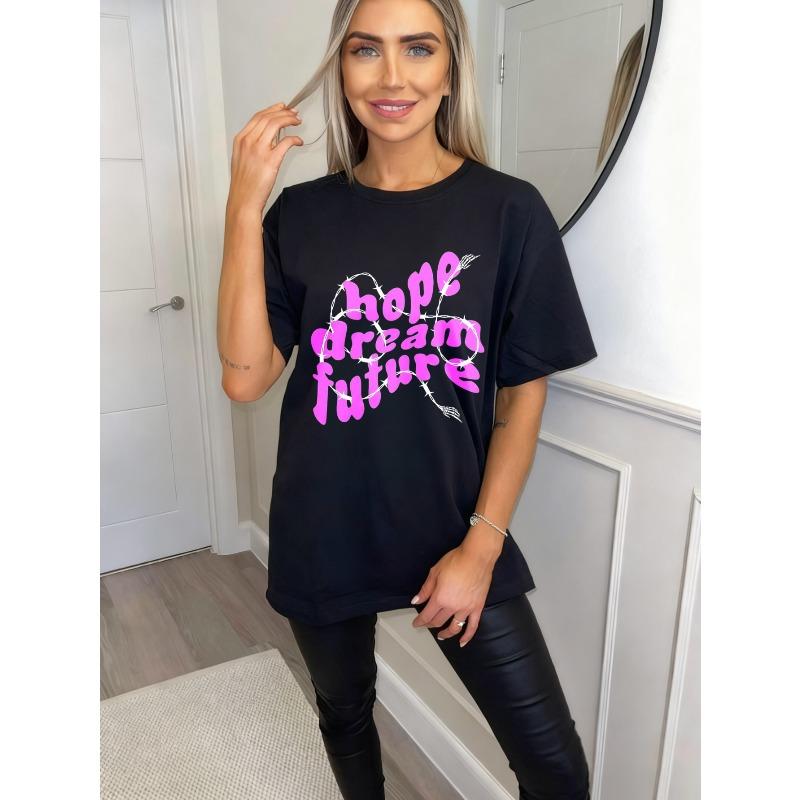 Black Oversized T-Shirt With Hope Dream Future Pink Text And Barbed Wire Design For Casual Wear And Street Style