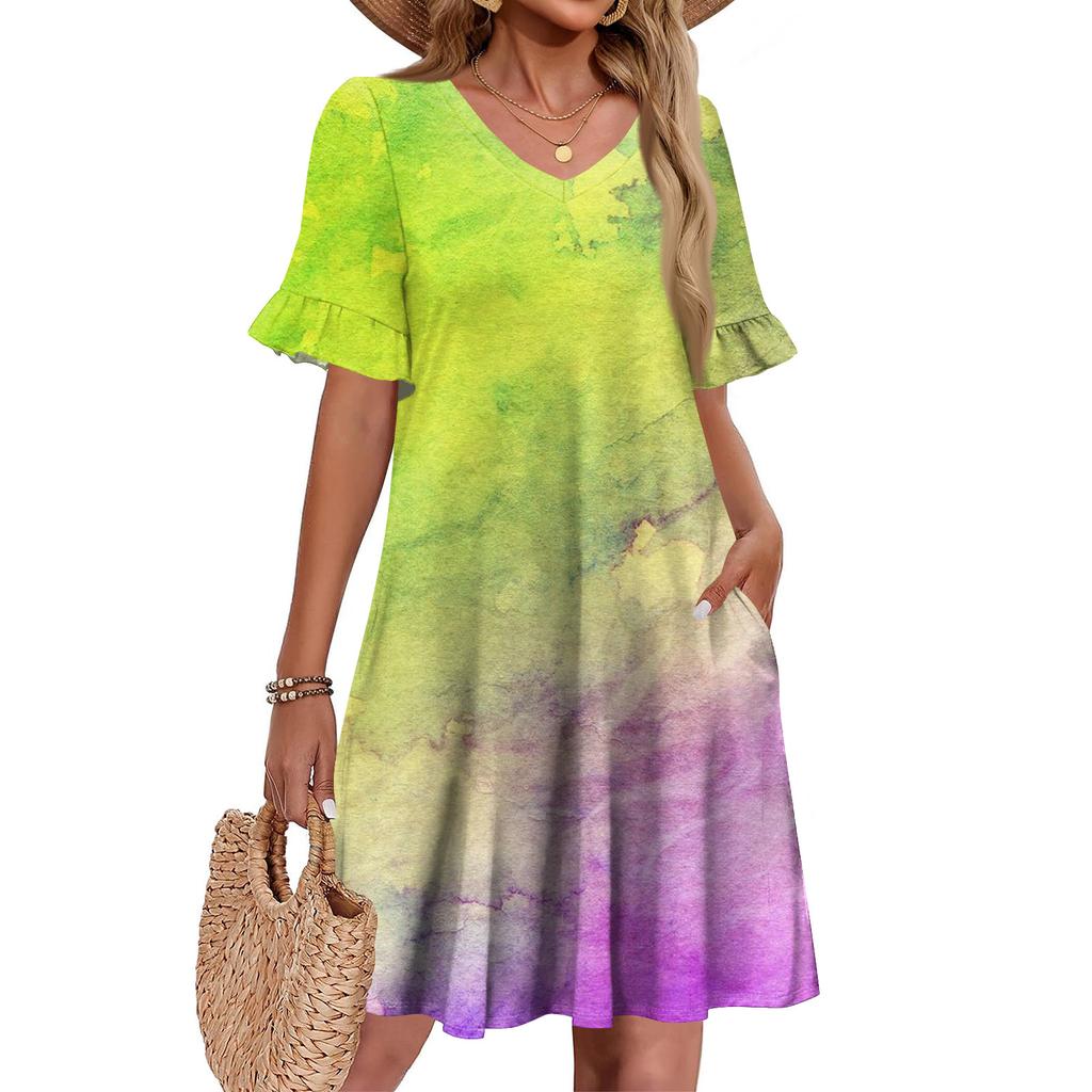 Damen A-Linie Sommerkleid Kurzarm V-Ausschnitt Bedrucktes Kleid Mit Taschen
