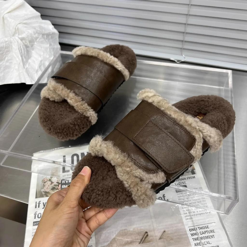 Fashion 2024 Women Shoes Slippers Flat Med Slides Cover Toe Platform Fur Flip Flops Flock Plush Leather Rubber Rome PU with Fur Short