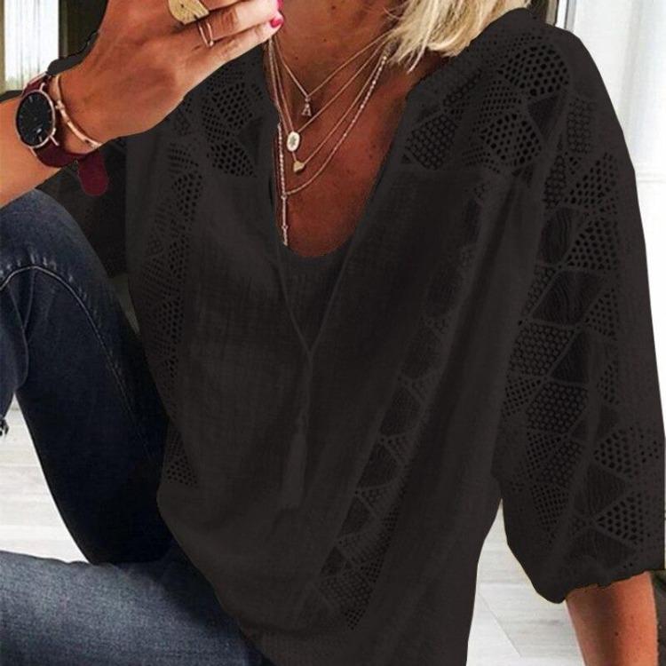 Women Summer Casual Cotton Blouse Loose U Neck White Top Three Quarter Sleeve With Lace Stitching Fashion Shirt