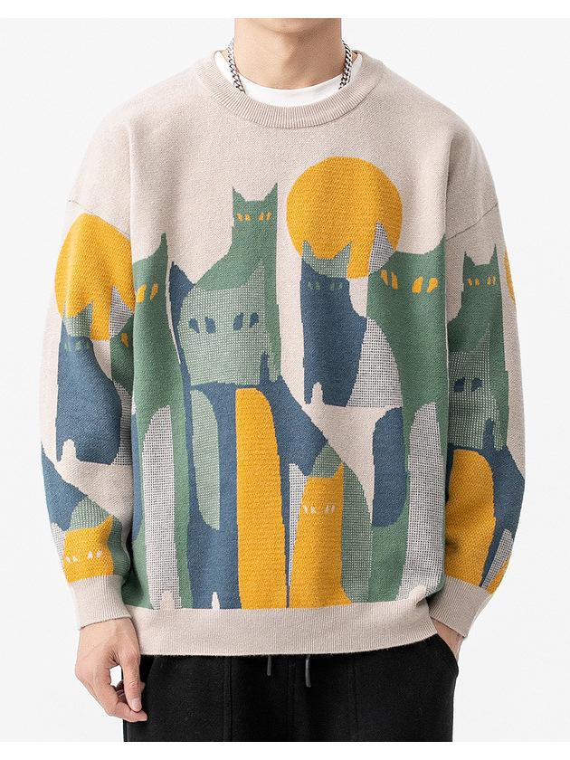 2025 American-Japanese Trendy Cat Pattern Round Neck Men's Sweater - Autumn Loose Fit Knitwear