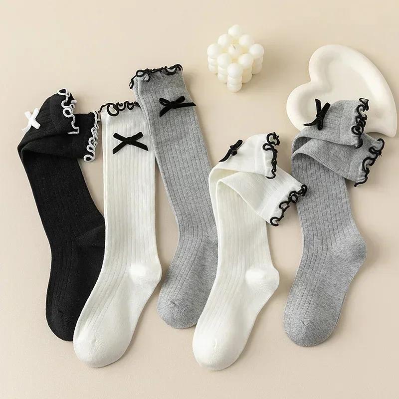 Girls White Bow Ruffle Knee High Socks Soft Lace Long Stockings Cute Spring Summer School Children Socks