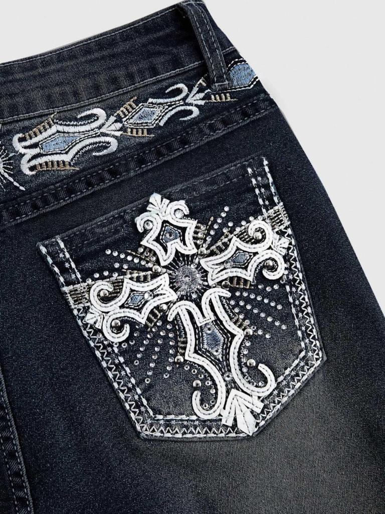 Jeans da donna slim micro-svasati con tasche ricamate e lavaggio scuro