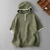 Plus Size Women's Casual Retro Cotton-Linen Short-Sleeve Hooded Top