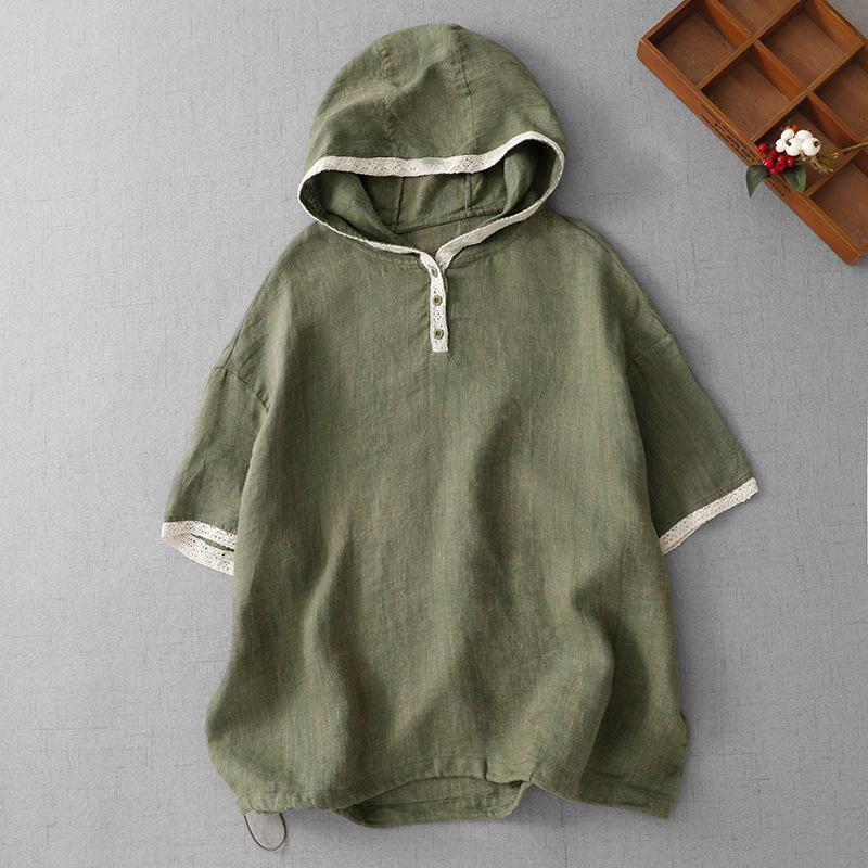 Plus Size Women s Casual Retro Cotton-Linen Short-Sleeve Hooded Top XXL зелёный