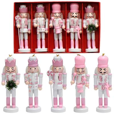 5Pcs 13cm Christmas Pink Nutcrackers Soldier Ornament Cartoon Nutcracker Soldiers Model for Festival Party Decoration