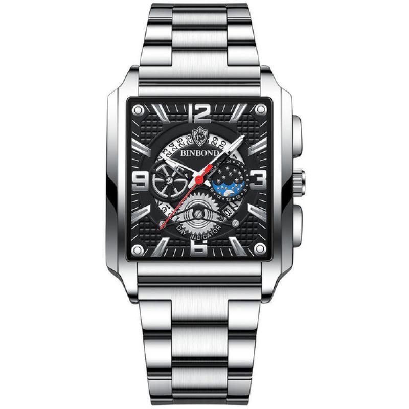 BINBOND Ceasuri de mână de lux originale din oțel inoxidabil, rezistente la apă, cu cuarț, pătrate, unice, pentru bărbați, ceasuri aurii pentru bărbați