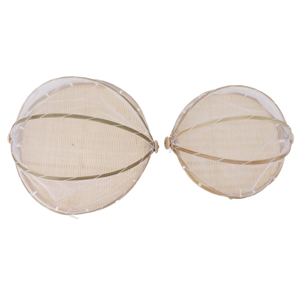 2Pcs Food Serving Tent Basket Fly Skeeter Insect Resistant Bamboo Basket With Dish Mesh Cover Round