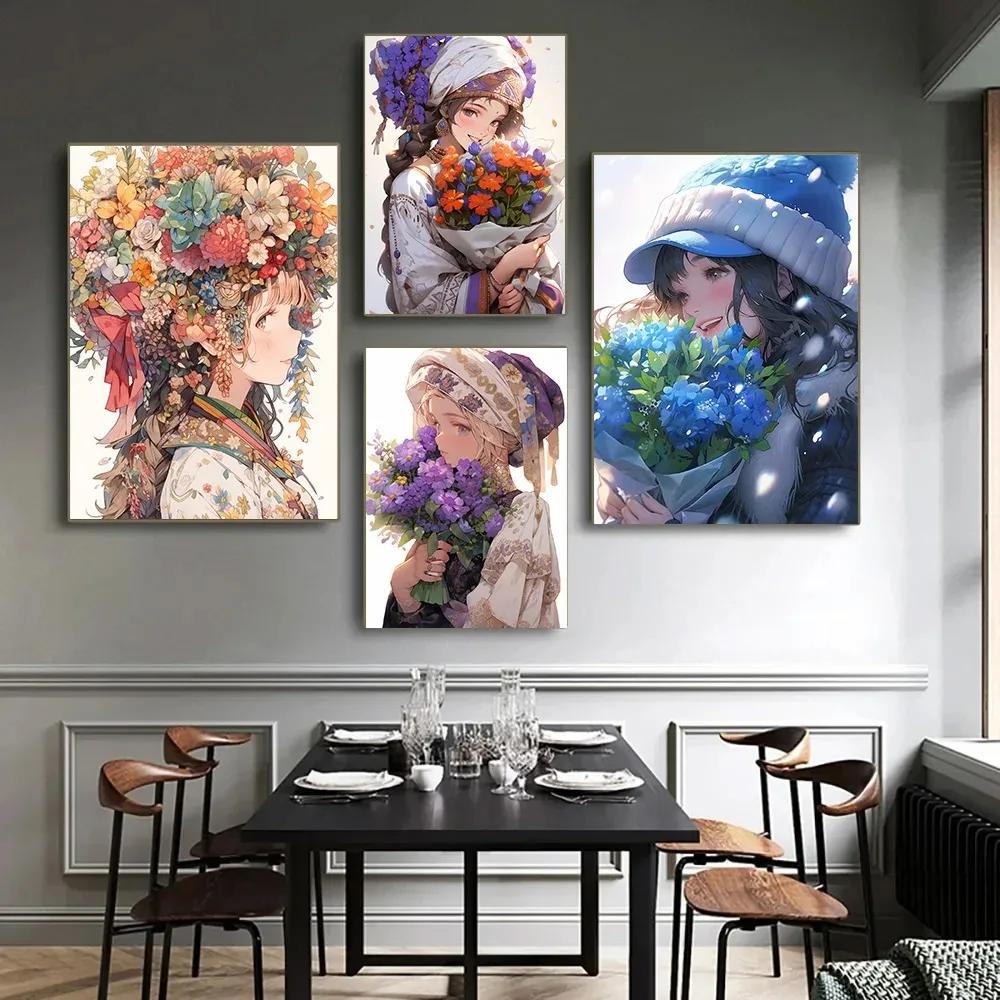 A Girl Who Loves Flowers Decorative Painting Minimalist Aesthetics Print Canvas Painting for Living Room Modern Home Decor