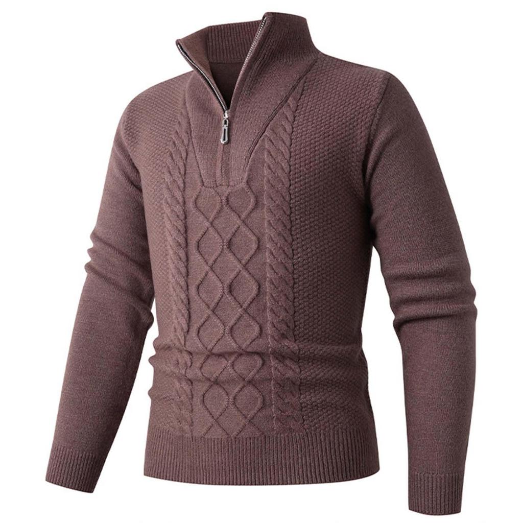 Men's Casual Half-Zip Cable Knit Pullover Sweater with Stand Collar for Fall and Winter