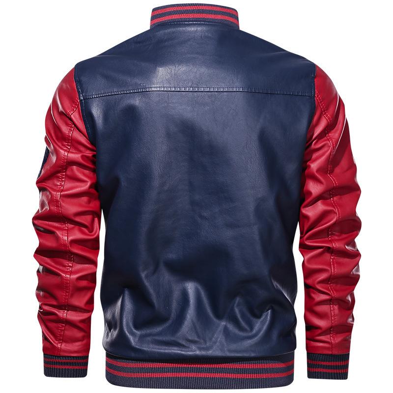 Men's Spring and Autumn Leather Jacket Men's Casual Jacket PU Jacket Baseball Velvet Stand-up Collar Men's Leather Jacket