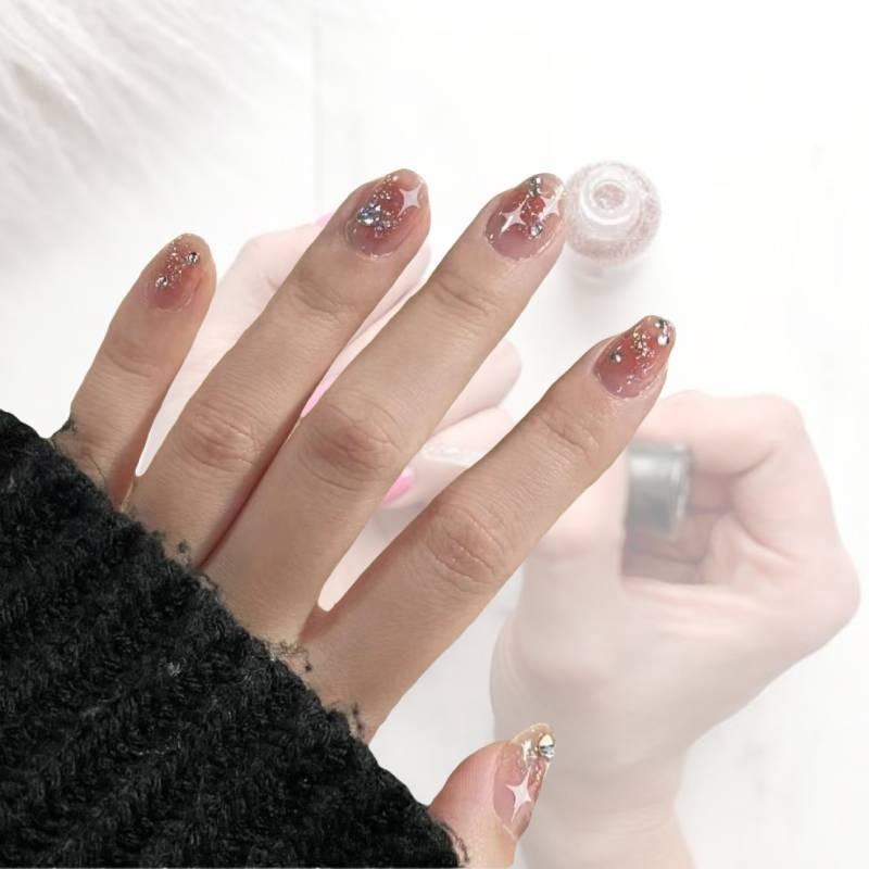 Brightening And Detachable Artificial Nail Stickers For Students Short Medium Long With Rhinestones