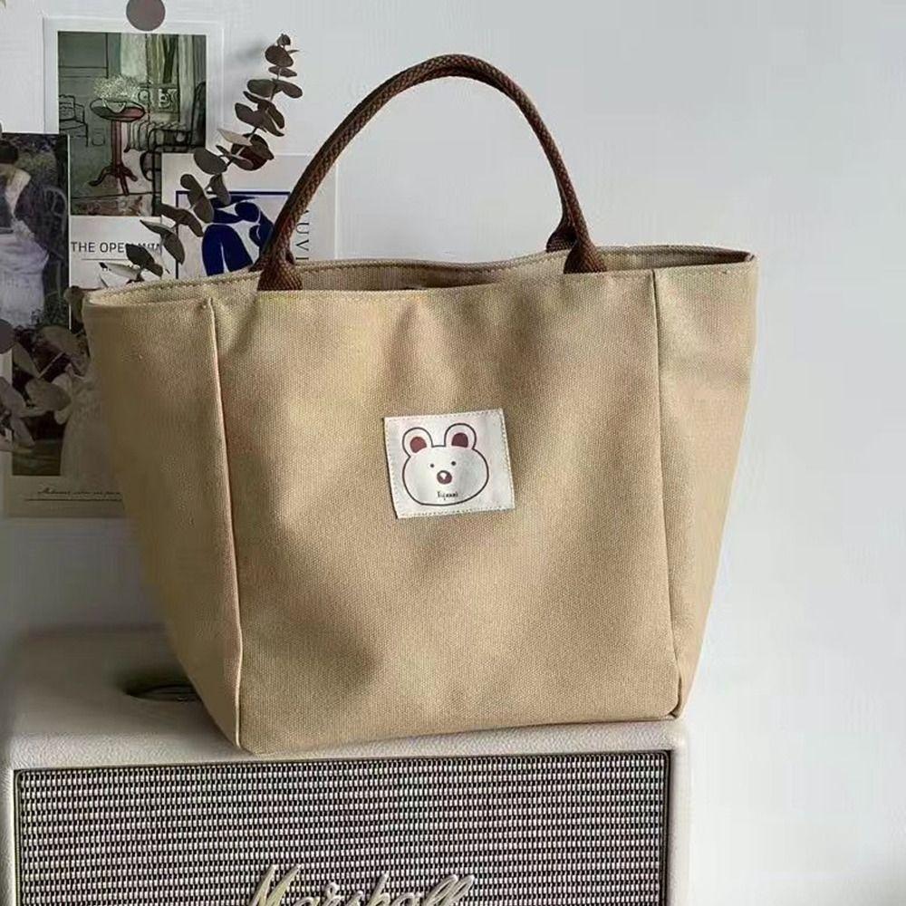 Bucket Bag Bear Print Bag Korean Style Canvas Bag Women Handbag Spring Day Picnic Bag Lunch Bag