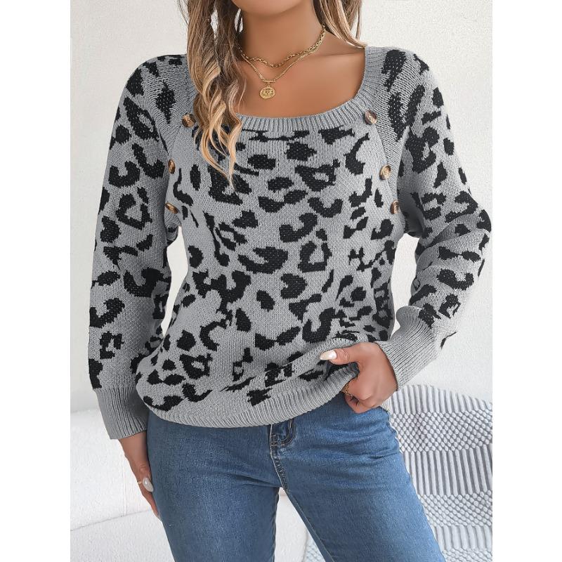 Women's Autumn and Winter Casual Square Collar Button-up Color Leopard Print Long-sleeved Sweater