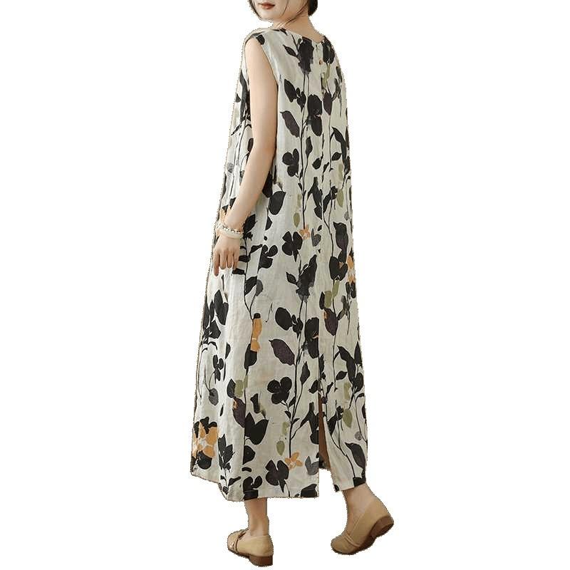 Summer New Original Women's Clothing Seaside Vacation Cotton and Linen Printing Long Dress Sleeveless Dress Long Vest Skirt Long Dress
