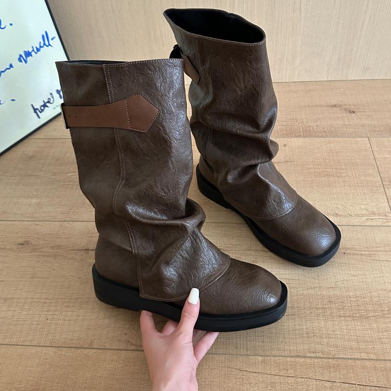 

Vintage belt buckle long trousers women s western cowboy boots 2025 autumn and winter but knee mid-tube fashion boots women 40 темно-коричневого