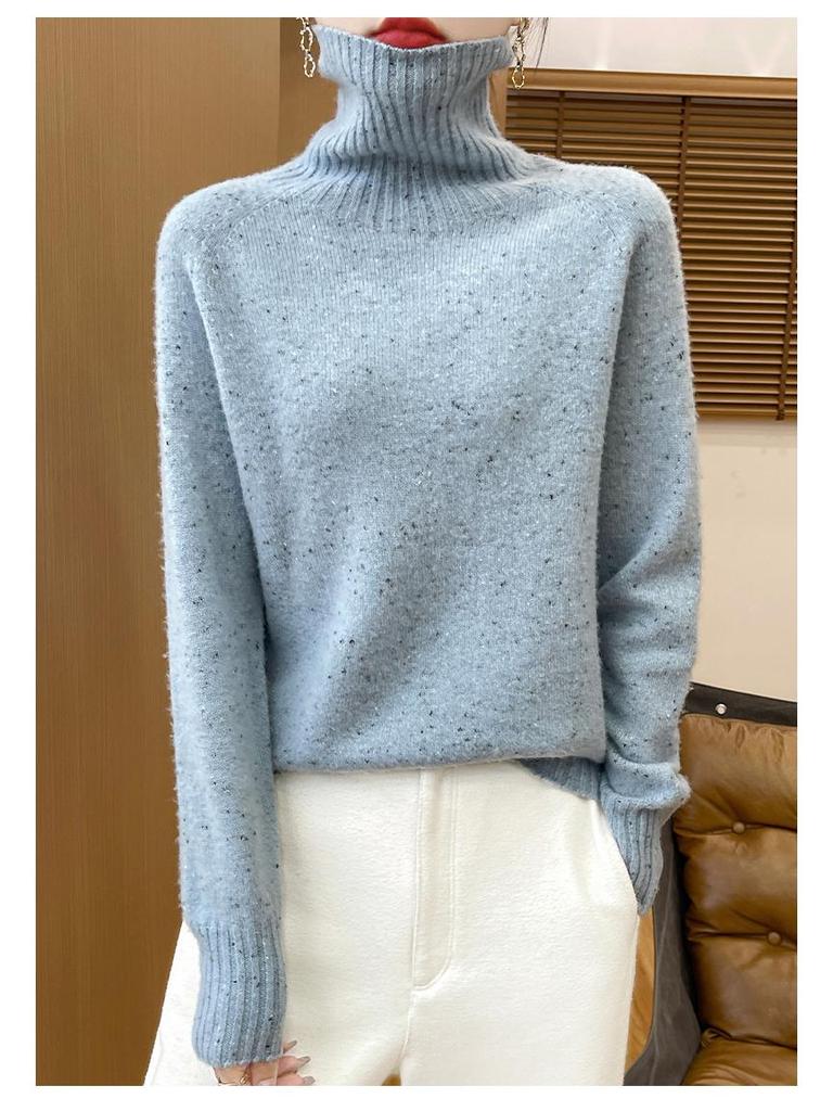 Damski sweter z wysokim dekoltem, o luźnym kroju, wykonany w 100% z wełny - Gruby, wszechstronny dziergany pulower na jesień i zimę