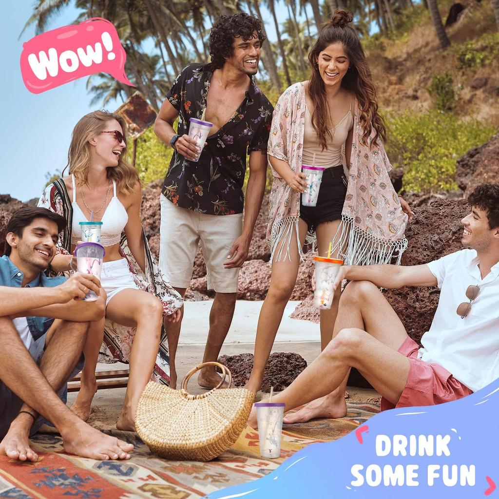 Meoky Color Changing Cold Cups with Lids and Straws - 5 Pack 24 oz Plastic Cute Tumblers Bulk, Reusable for Kids Women Party, Iced Coffee(Swirl)