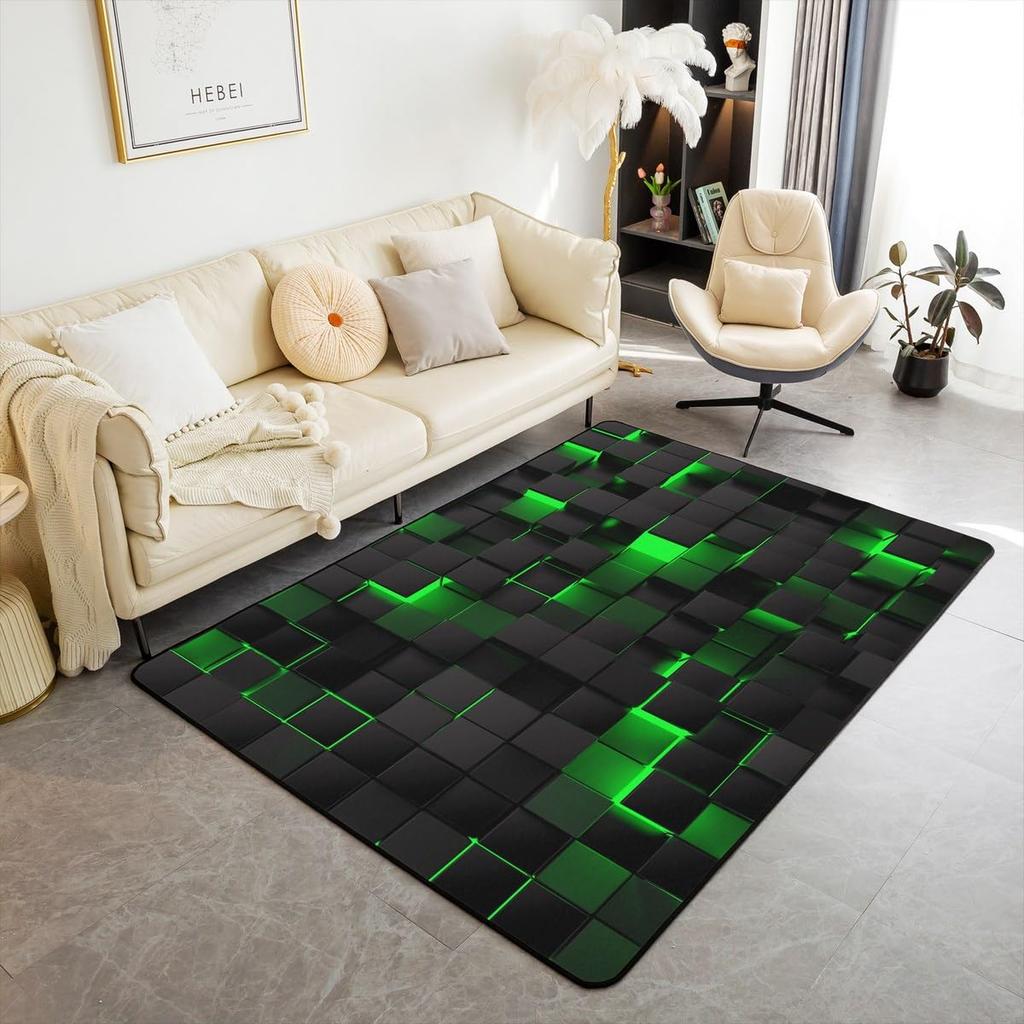 Erosebridal Teen Boy Geometric Rug 3x5 Black Navy Royal Blue Kids Area Rug,Neon Abstract Stereoscopic Check Grid Carpet Square Plaid Decorat