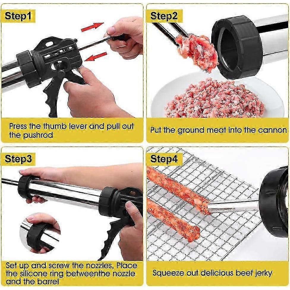 Jerky Gun Kit Stainless Steel 1LB Sausage Stuffer for Ground Meat with 5 Nozzles Dual Function