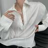 Men Shirt White Long Sleeve Lapel Lace-up Collar Pullover Tops Vertical Stripe Texture