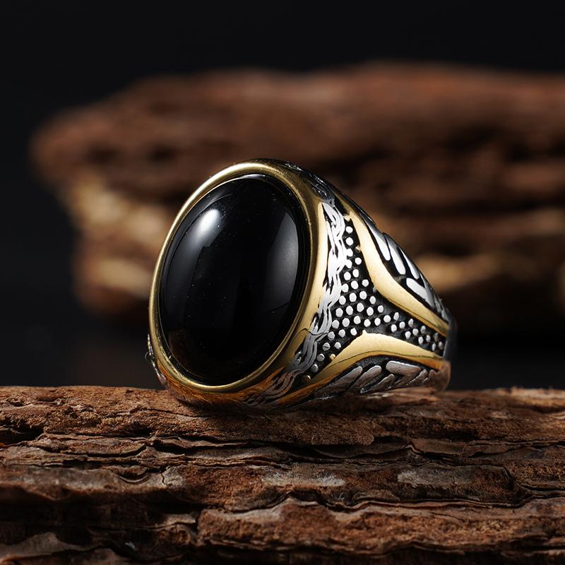 Naturstein-Serie für Männer Elliptischer Ring mit echtem Tigerauge-Stein 316L Edelstahl Männlich Vintage-Design Punk-Ring