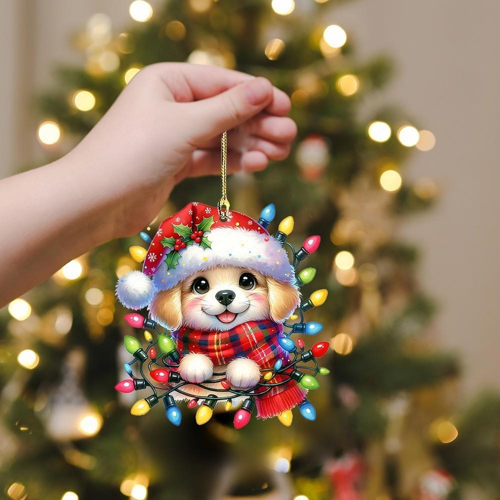 Christmas Acrylic Flat Surface Pendant With Cute Puppy Checkered Design Scarf