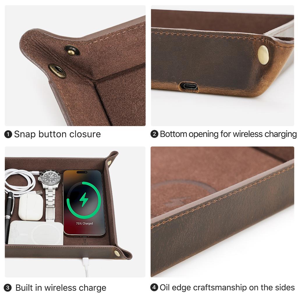 Creatieve Valet Tray van Echt Leer met Draadloos Opladen voor Telefoon Sleutel Munt Pen Bureau Opbergruimte Diverse Spullen Kist Doos Ornamenten
