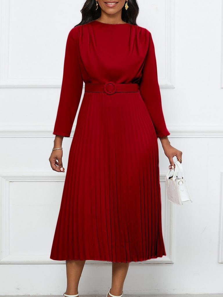 Women's Plus Size Elegant Pleated Dress - Solid Color, African Design, New Style