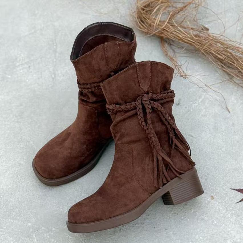 Autumn and winter new retro fringed thick heel short boots suede round head stacking boots medium heel women's boots