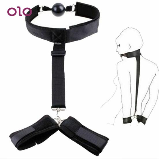 Mouth Ball Gag Faux Leather Strap Chained Nipple Clamps BDSM Neck Collar Back Handcuffs Plug Bead