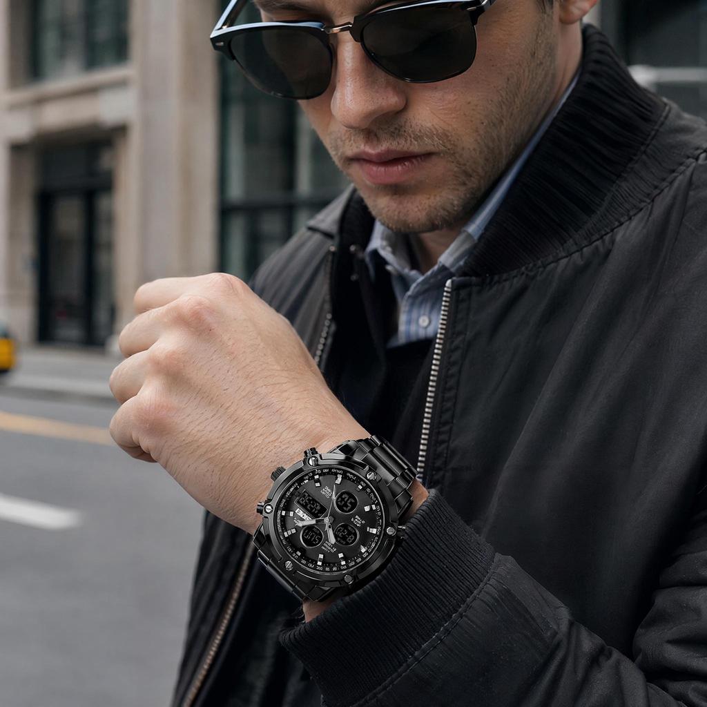 Orologio Digitale da Uomo SKMEI Triplo Fuso Orario Doppio Display Acciaio Inossidabile 1389