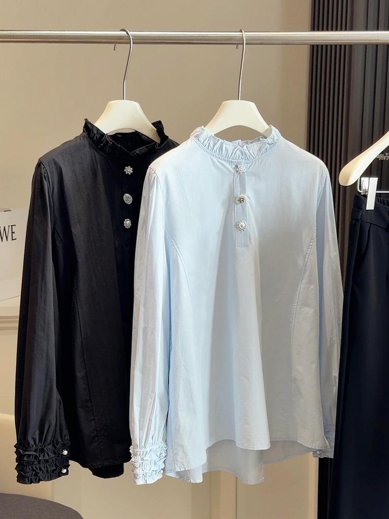 Spring 2026 Women's White Ruffle Stand Collar Loose Shirt