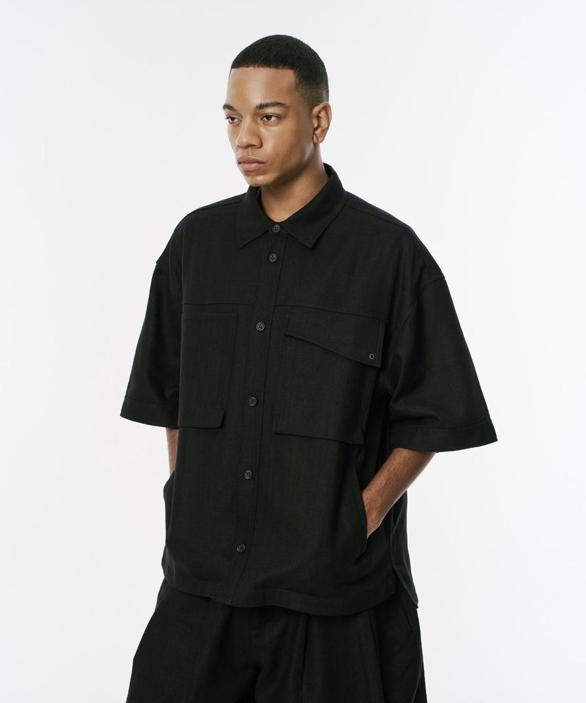 Codemorph Linen Texture Cotton Utility Short Sleeve Shirt Jacket Black