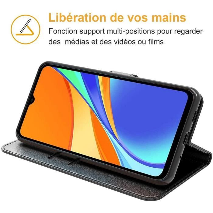 Coque pour Redmi 9C (5,7") Verre Trempé Inclus Effet Cuir Noir design Tendance Fermeture Magnétique Bordure Renforcée