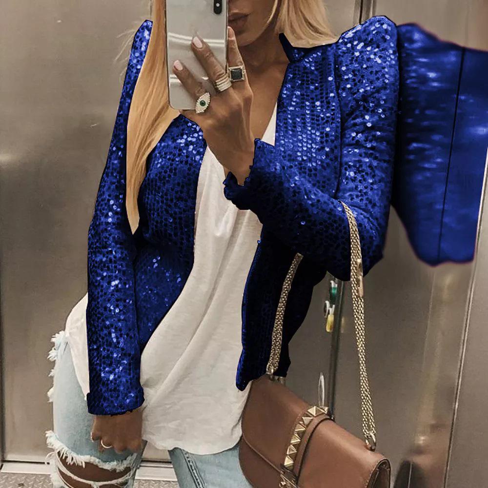 Spring Women's Fashion Sequin Stand-up Collar Jacket - Short, Versatile, and Stylish.
