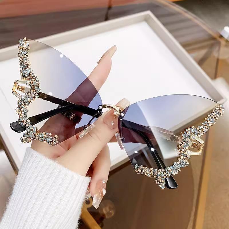 Large Frame Diamond-Encrusted Butterfly Sunglasses Photo Performance Props Glasses Women'S Sunglasses Uv Protection