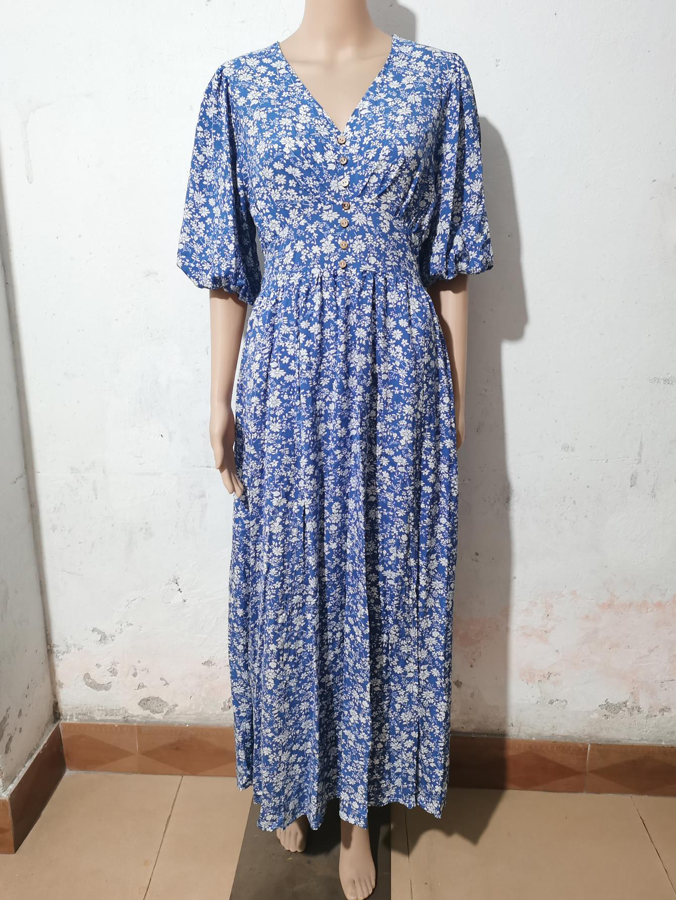 Real shot summer V-neck lantern sleeve waist dress seaside vacation split bohemian beach dress S королевский синий