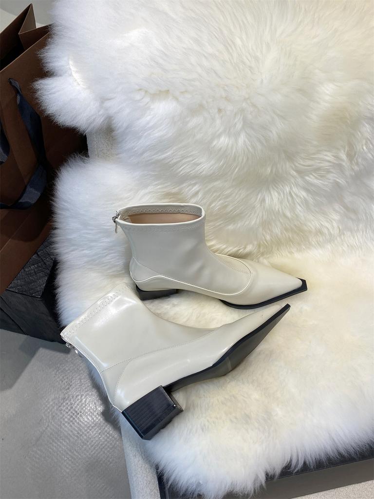Thick Heel Pointed White Thin Boots Small Short Boots Women's Shoes 2025 New Spring, Autumn and Winter Versatile Korean Small Ankle Boots