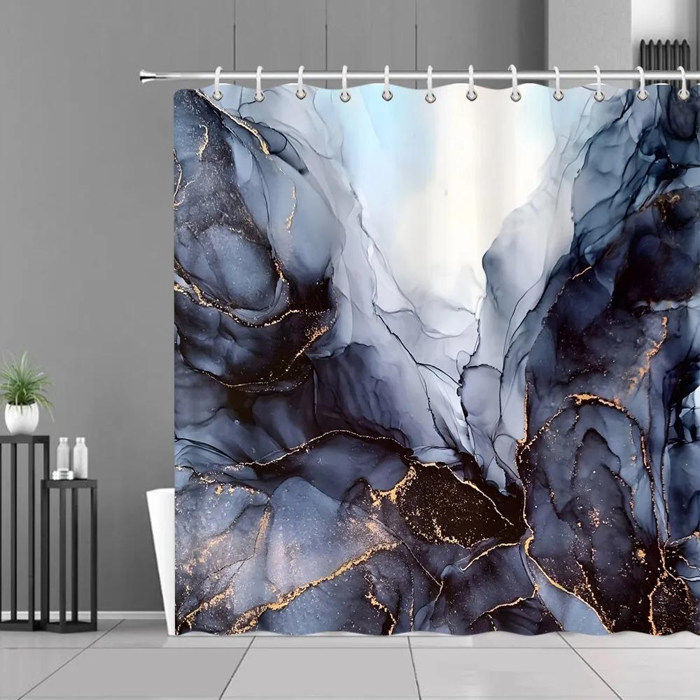 Blue Gold Marble Shower Curtains Golden Cracked Lines Abstract Modern Home Washable Polyester Fabric Bath Curtain Bathroom Decor