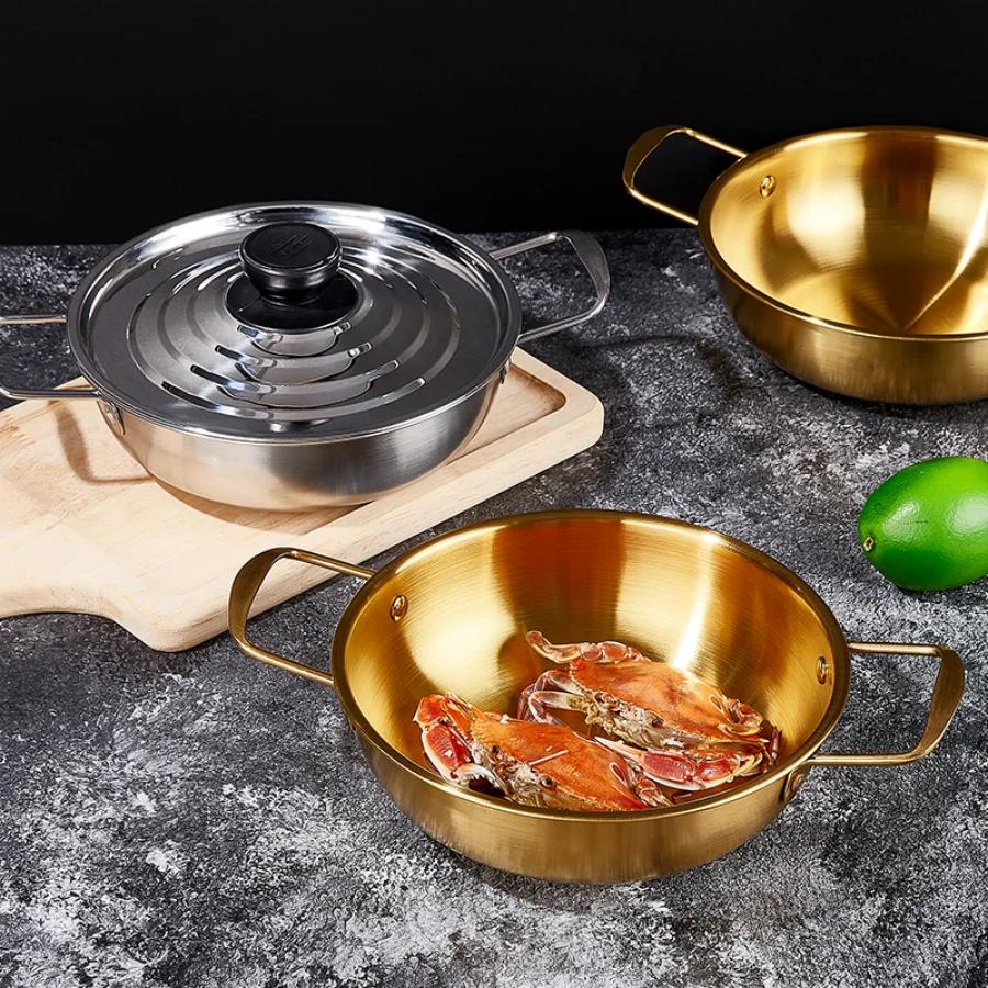 Korean style spiral covered soup pot, stainless steel instant noodle pot, golden hot pot, double ear small pot soup pot milk pot