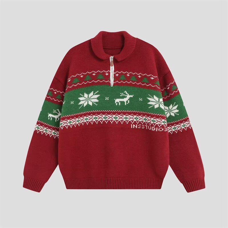 Cross-Border Christmas Fair Isle Knit Sweater: Stylish Half-Zip Mandarin Collar for Couples - Men s Autumn/Winter Trend. Large красный