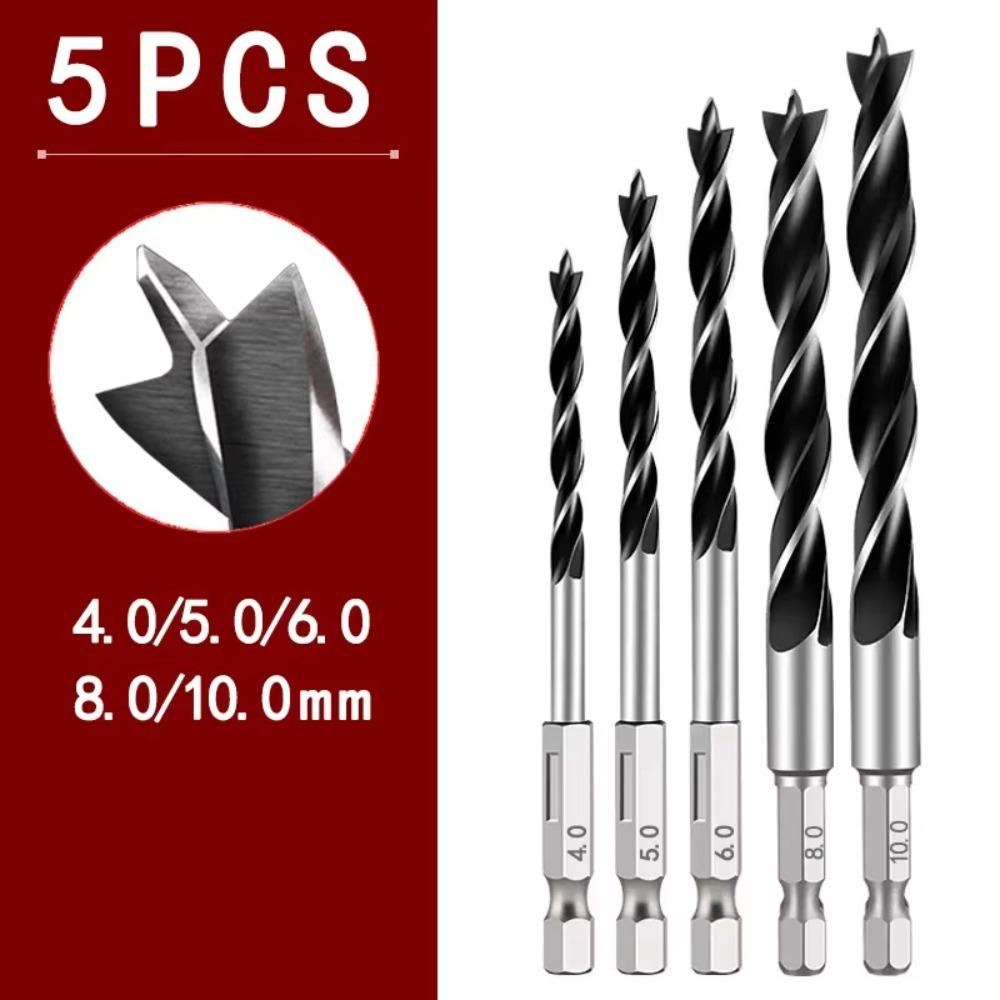 

5PCS 4/5/6/8/10mm Three-pointed Woodworking Drill Power Tool 1/4 Hex Shank Twist Dril Bit High Quality Durable