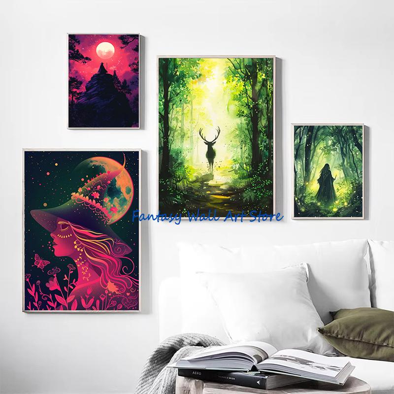 Ethereal Green Witch Ethereal Luna Moth Mystical Forest Witches Moon Poster Canvas Painting Wall Pictures Home Living Room Decor