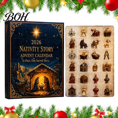 Christmas Advent Calendar 2026 Nativity Story Calendar, 24 Days Countdown Gift Box for Home with 2D Acrylic Religious Keepsake Ornaments Christian