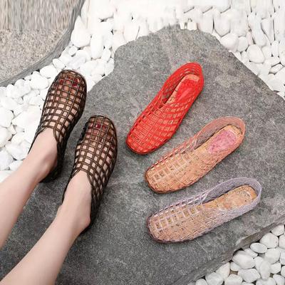 Sandalias de Gelatina de Cristal con Malla para Mujer 2025: Calado, Plano, Cómodo sin cordones, Estilo coreano.